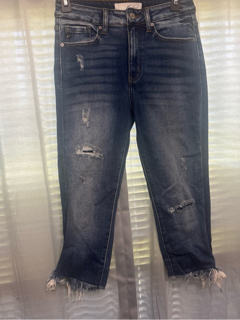 KanCan Dark Blue Distressed Cropped Jeans with Frayed Hem